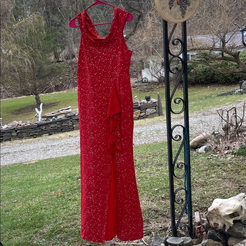 Red stretchy off-shoulder evening gown